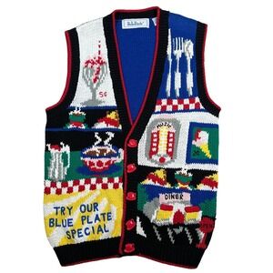 BellePointe Vintage 50s Diner Novelty Sweater Knit Vest  Medium Grandma Granny‎